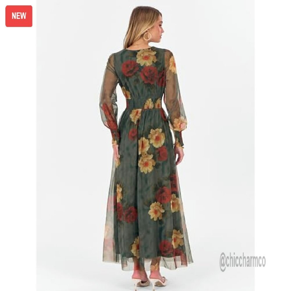 Flowy Maxi Dress with Puff Sleeves V-Neck Long Sleeve Wedding Guest - Picture 7 of 8